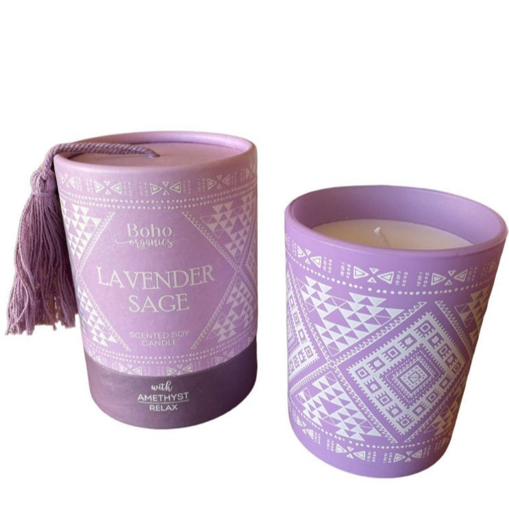 Candela in cera di soia BOHO ORGANIC Lavanda e Salvia con Ametista - 200g