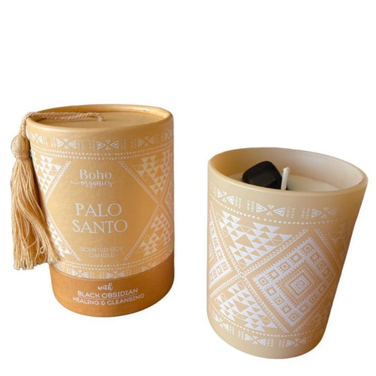 Candela in cera di soia BOHO ORGANIC Palo Santo con Ossidiana Nera - 200g