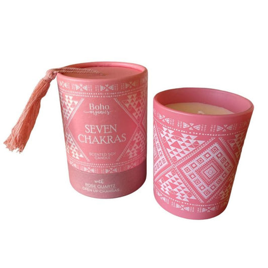 Candela in cera di soia BOHO ORGANIC Seven Chakras con Quarzo Rosa - 200g