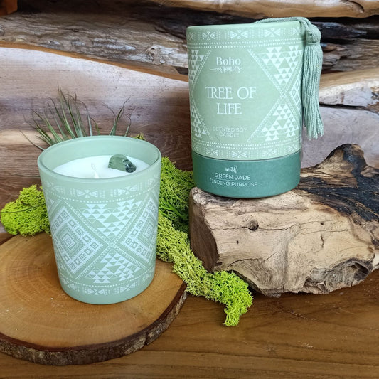Candela in cera di soia BOHO ORGANIC Tree of Life con Giada Verde - 200g
