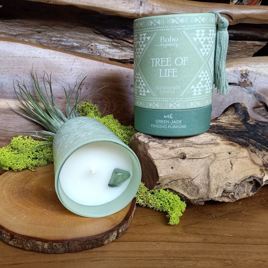 Candela in cera di soia BOHO ORGANIC Tree of Life con Giada Verde - 200g