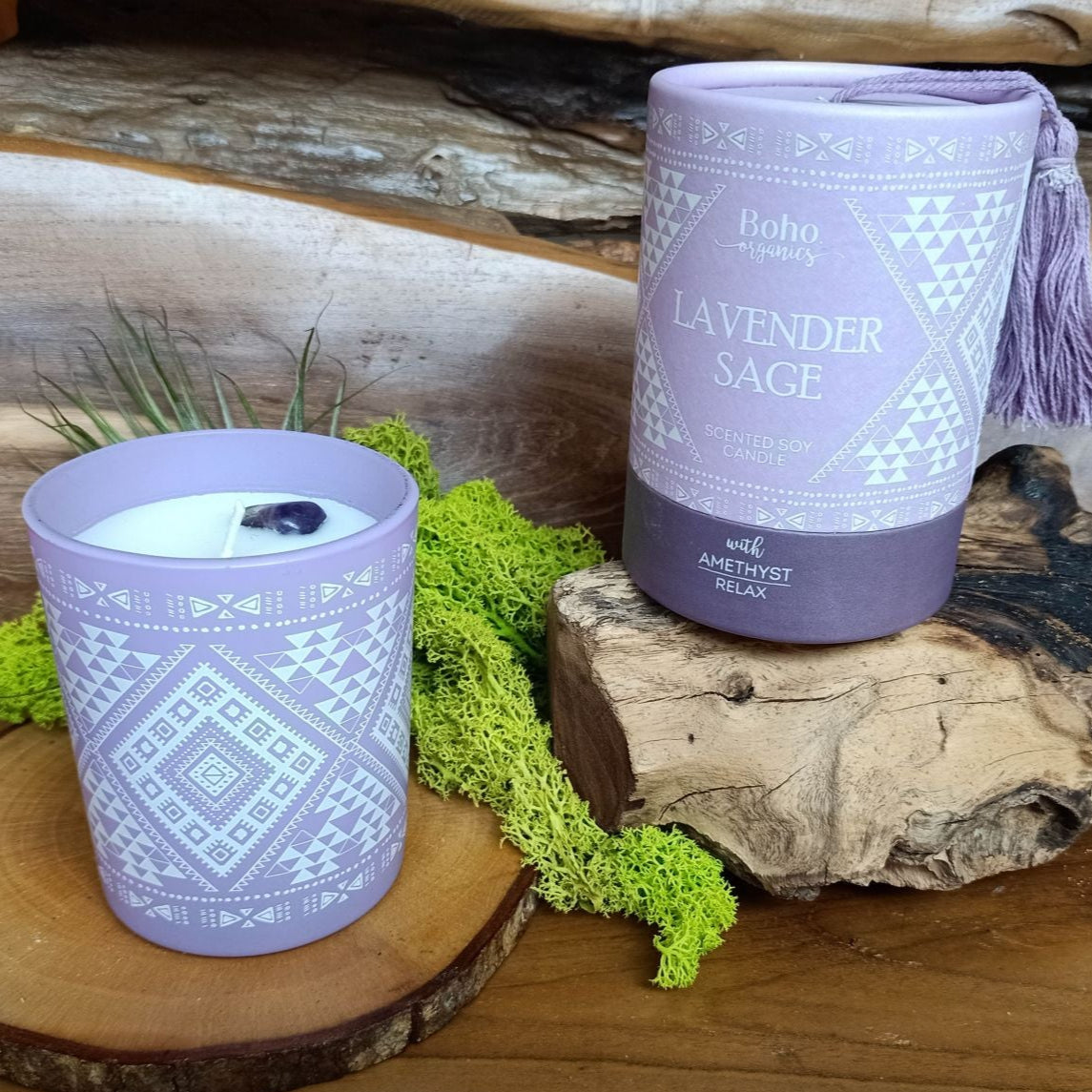 Candela in cera di soia BOHO ORGANIC Lavanda e Salvia con Ametista - 200g