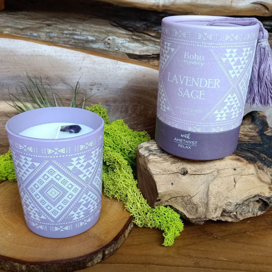 Candela in cera di soia BOHO ORGANIC Lavanda e Salvia con Ametista - 200g