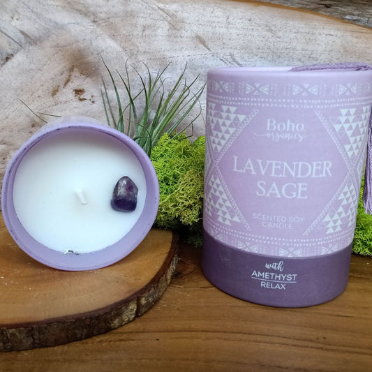 Candela in cera di soia BOHO ORGANIC Lavanda e Salvia con Ametista - 200g
