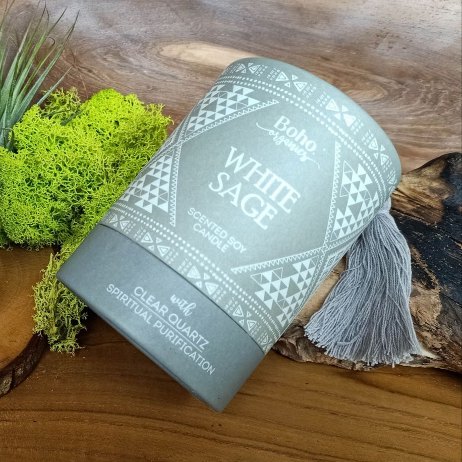 Candela in cera di soia BOHO ORGANIC Salvia Bianca con Quarzo Ialino - 200g