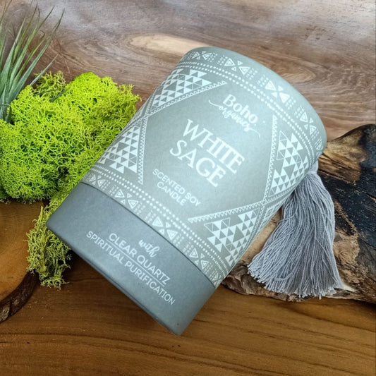 Candela in cera di soia BOHO ORGANIC Salvia Bianca con Quarzo Ialino - 200g
