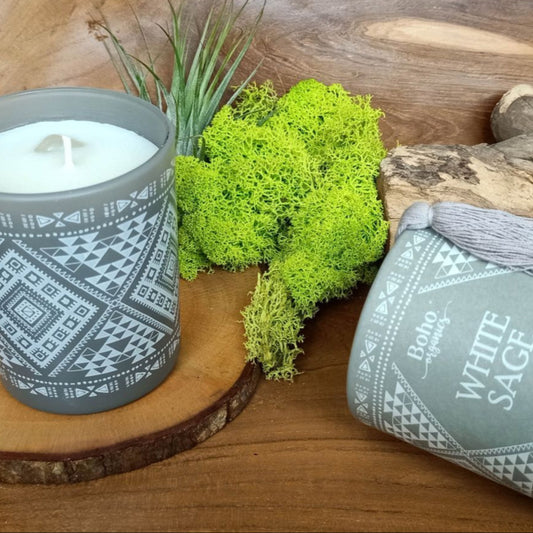 Candela in cera di soia BOHO ORGANIC Salvia Bianca con Quarzo Ialino - 200g