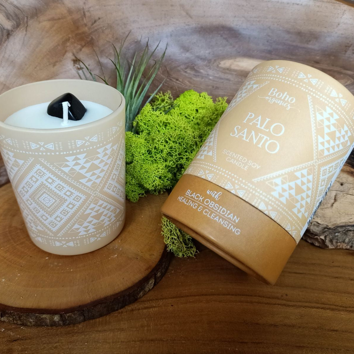 Candela in cera di soia BOHO ORGANIC Palo Santo con Ossidiana Nera - 200g