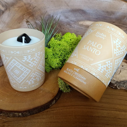 Candela in cera di soia BOHO ORGANIC Palo Santo con Ossidiana Nera - 200g