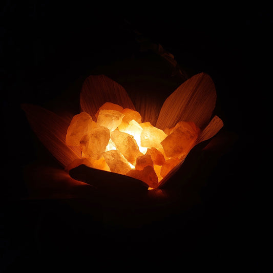 Lampada di Sale Rosa Himalayano – Braciere con Foglie di Cocco
