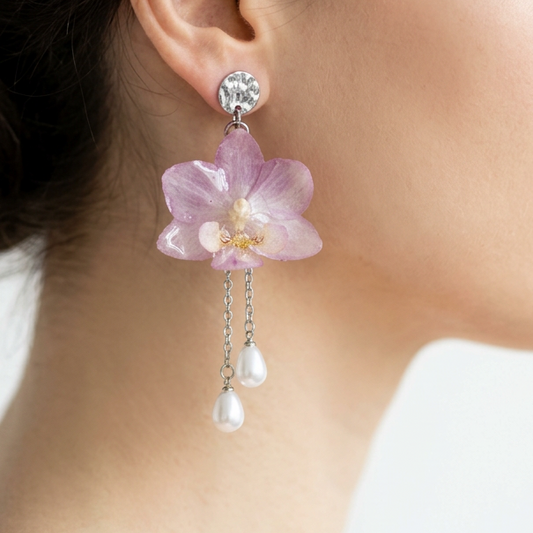 Orecchini Botanici con Mini Orchidee Rosa - Fatti a mano