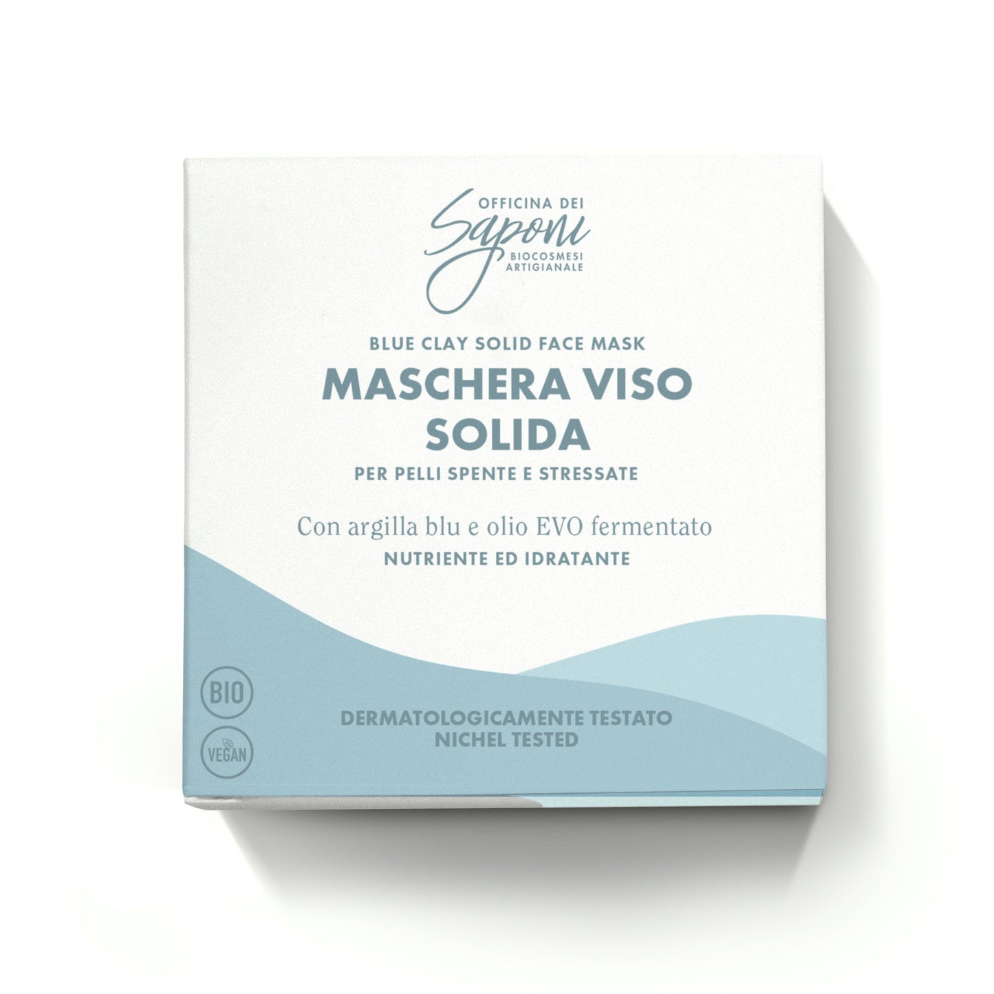 Maschera viso solida nutriente e idratante con argilla blu e olio EVO fermentato - Officina dei Saponi