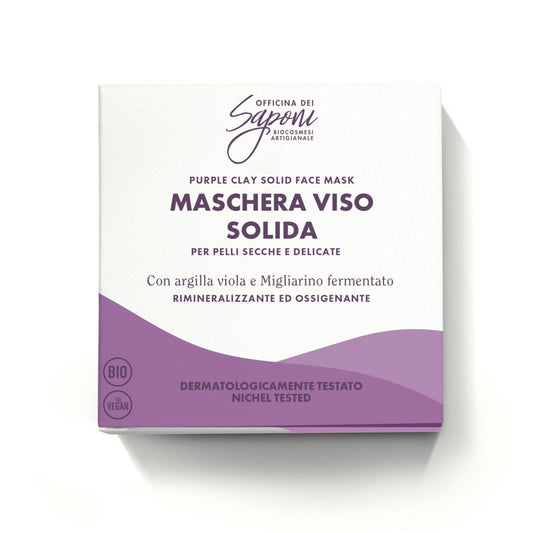 Maschera viso solida rimineralizzante ed ossigenante con argilla viola e migliarino fermentato - Officina dei Saponi