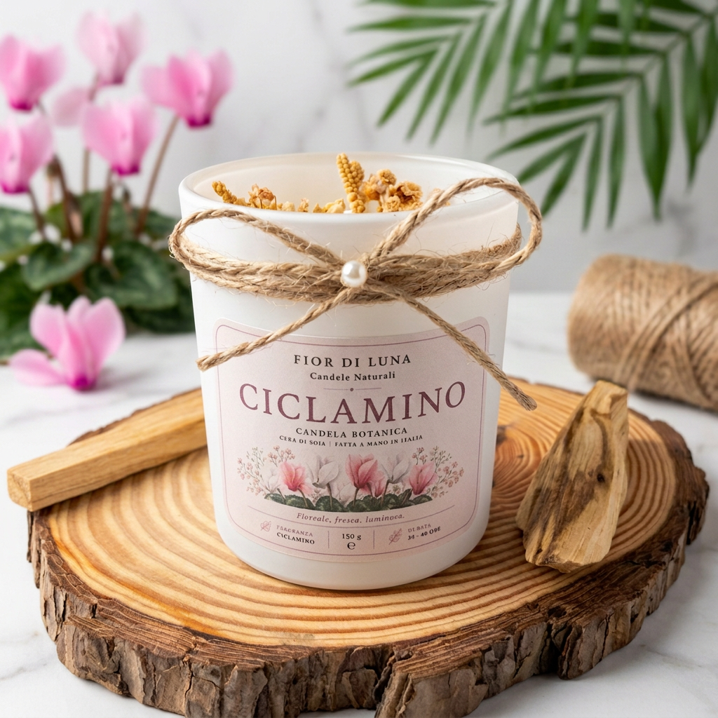 Candela Botanica Fior di Luna Fatta a Mano - Ciclamino