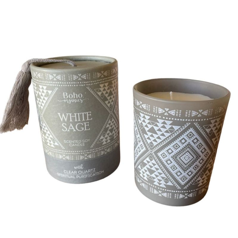 Candela in cera di soia BOHO ORGANIC Salvia Bianca con Quarzo Ialino - 200g