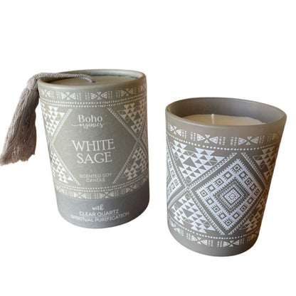 Candela in cera di soia BOHO ORGANIC Salvia Bianca con Quarzo Ialino - 200g