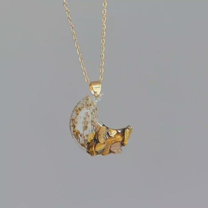 Collana Mezza Luna con fiori e chips di Occhio di Tigre
