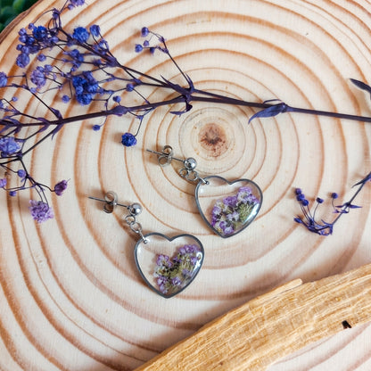 Orecchini Botanici a forma di cuore con Fiori di Lobularia