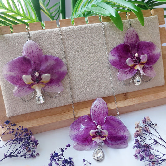 Orecchini e Collana con vere orchidee - Parure Botanica "Orchidee di Luce"