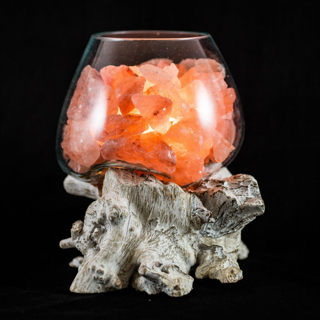 Lampada di sale dell'Himalaya UNICA© in Vetro Soffiato e Gamal Wood 2,5-4kg